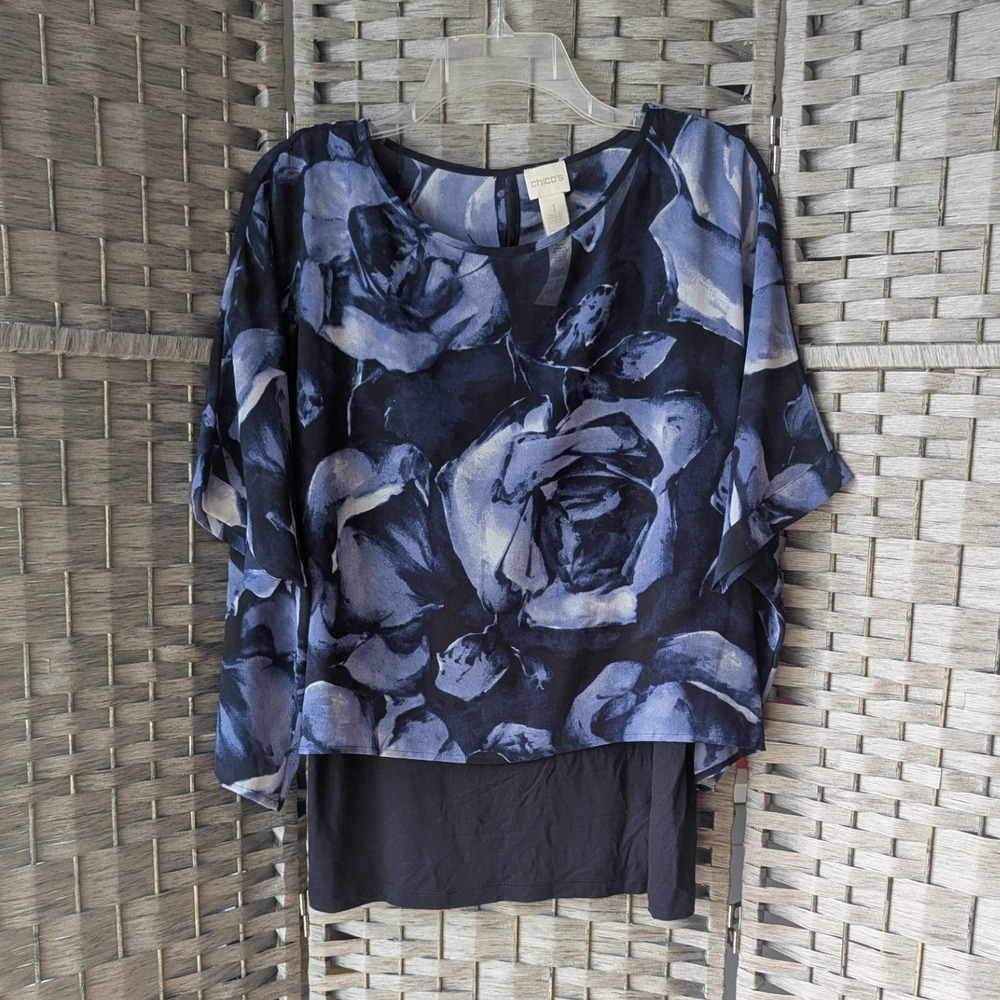 Chico's Layered Blouse Navy Blue‎ Floral Sheer Overlay Sz 1 (8/10) Flowy Coastal